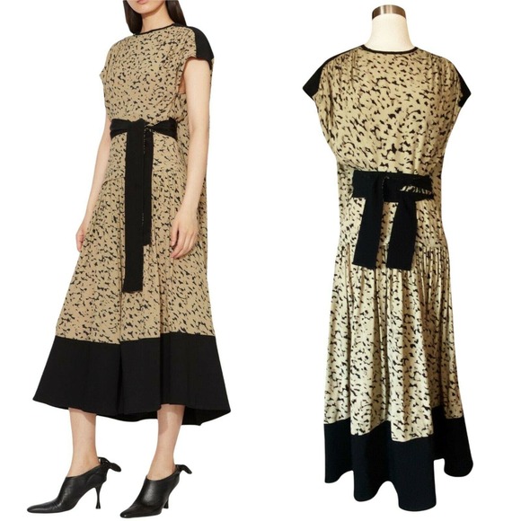 PROENZA SCHOULER Cape Dress Inky Leopard Print Short Sleeve Combo Black Tan 4 - Picture 1 of 12